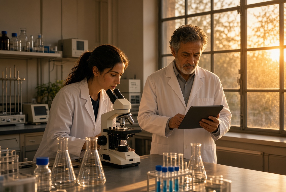 Two researchers in lab coats examining a sample at a microscope and reviewing results on a tablet
