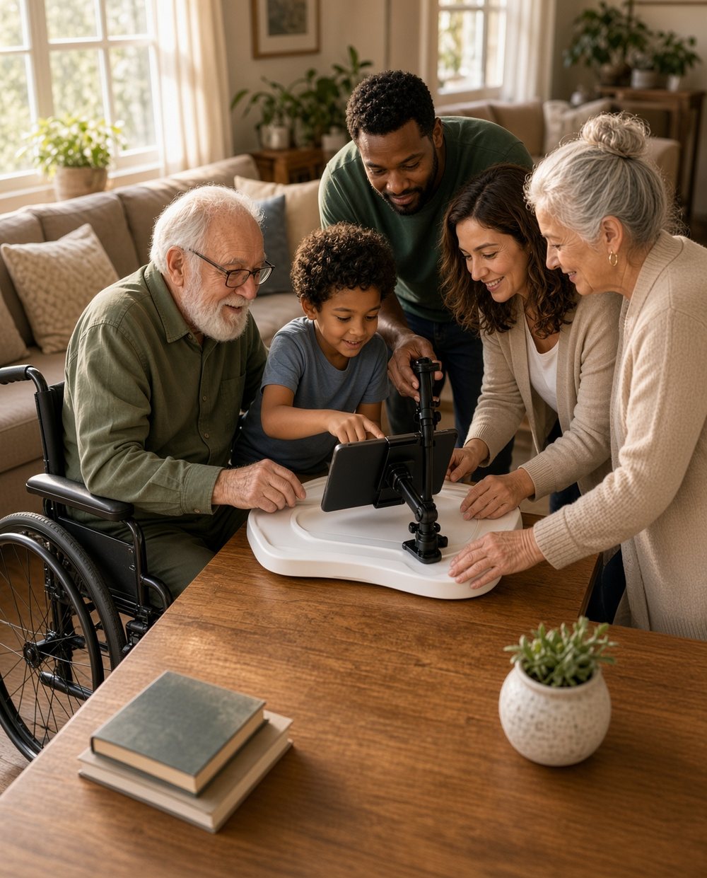 A multigenerational family smiling together around a living room table as they use a tablet on an adjustable stand; the grandfather is seated in a wheelchair