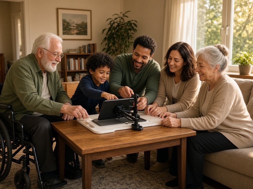 A multigenerational family smiling together around a living room table as they use a tablet on an adjustable stand; the grandfather is seated in a wheelchair
