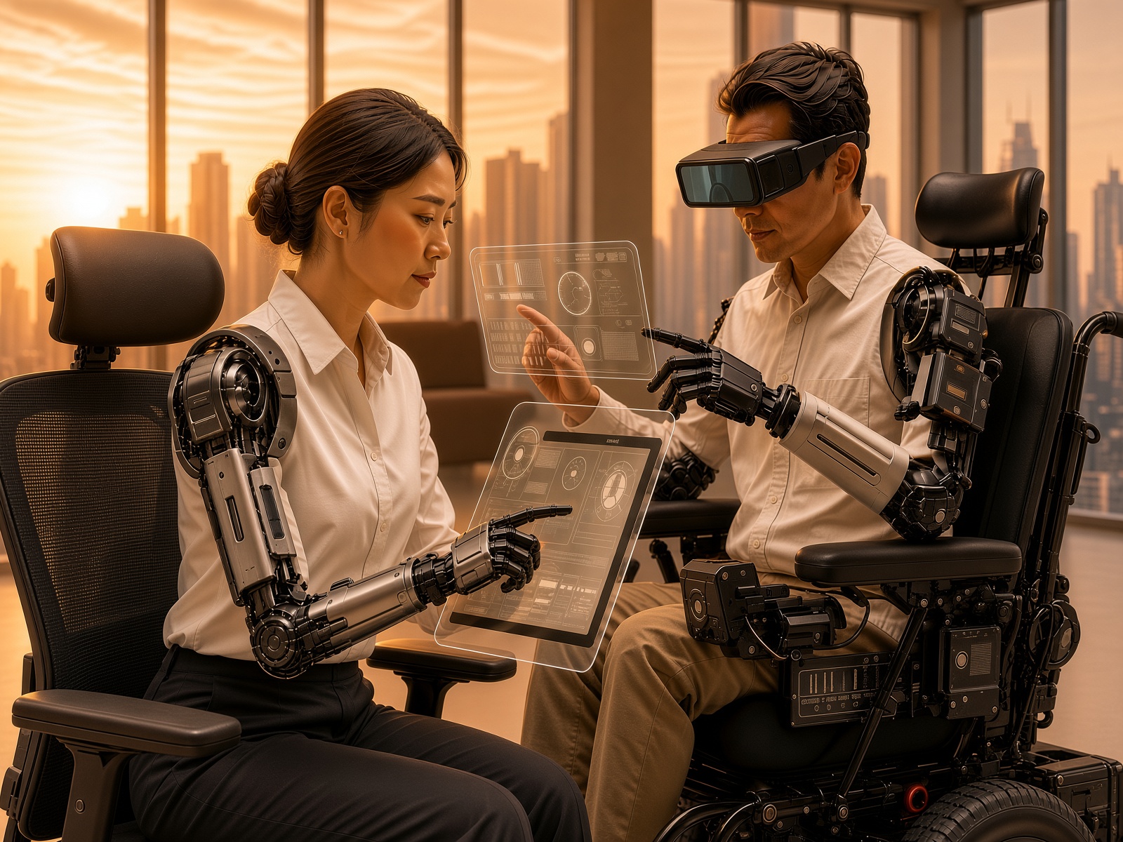 Two people seated side by side using advanced robotic assistive arms and transparent touchscreen displays
